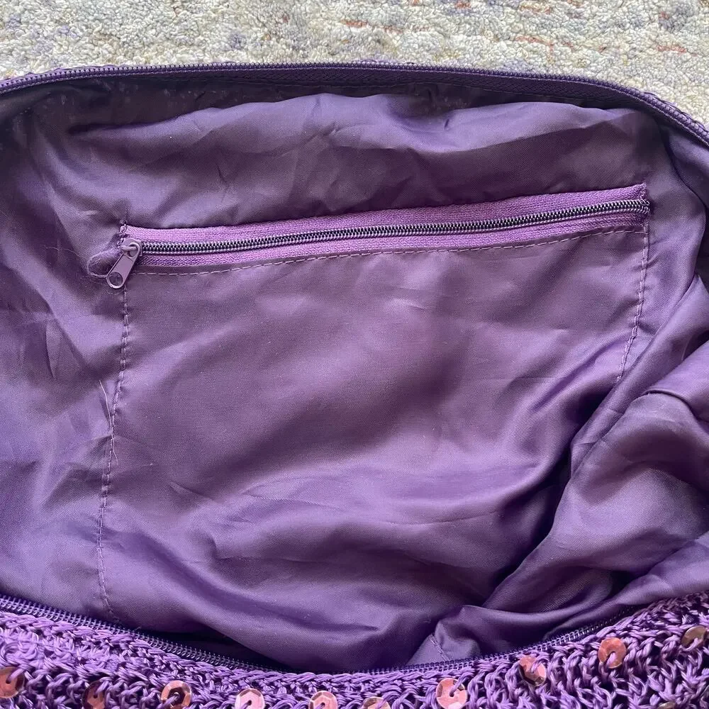 Purple Crochet Sequin Knit Hobo Shoulder Bag Slouchy Boho Handbag Zip Festival